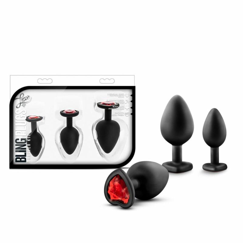 Butt Plugs | Luxe Black With Red Gems Bling Plugs Training Kit Anal Toys Butt Plugs